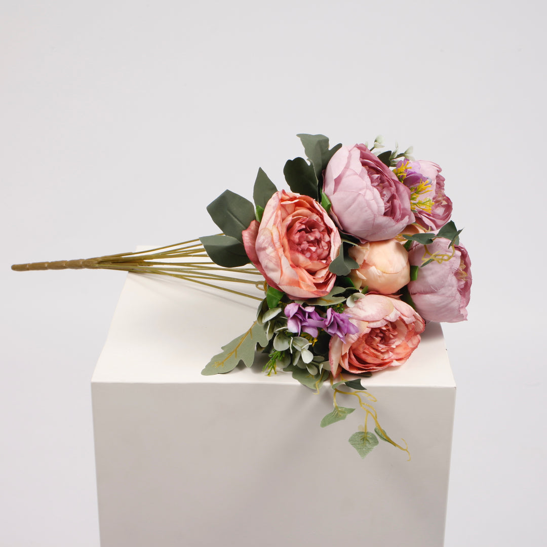 Artificial Rose Flower Bouquet - Spray Style - Blush Peach and Mauve (10cm heads)