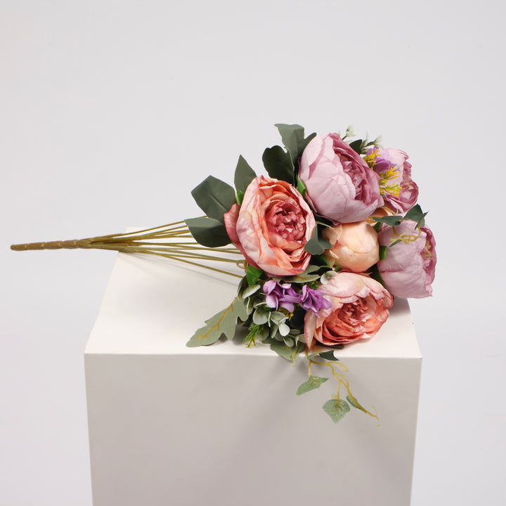Artificial Rose Flower Bouquet - Spray Style - Blush Peach and Mauve (10cm heads)