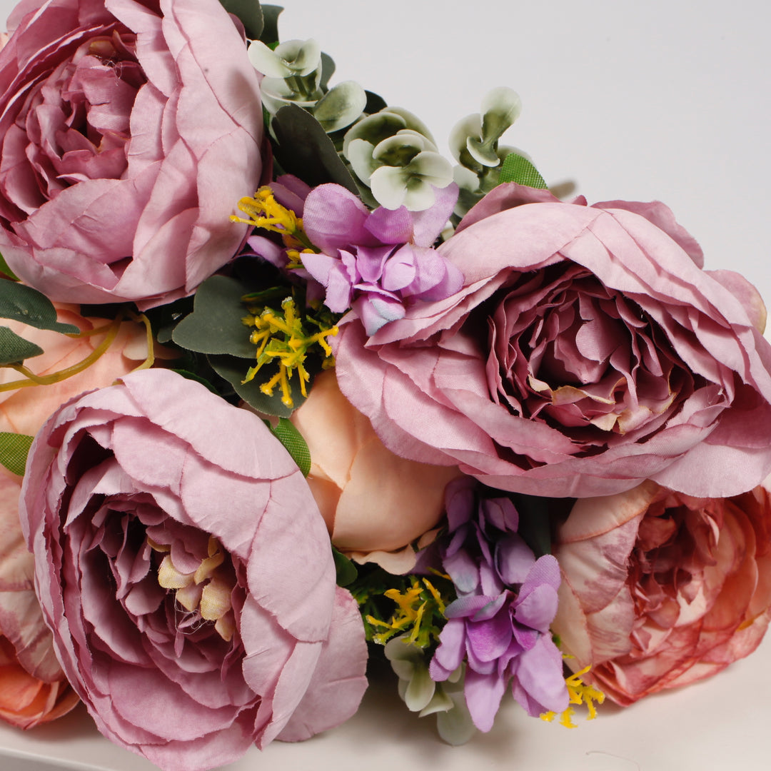 Artificial Rose Flower Bouquet - Spray Style - Blush Peach and Mauve (10cm heads)