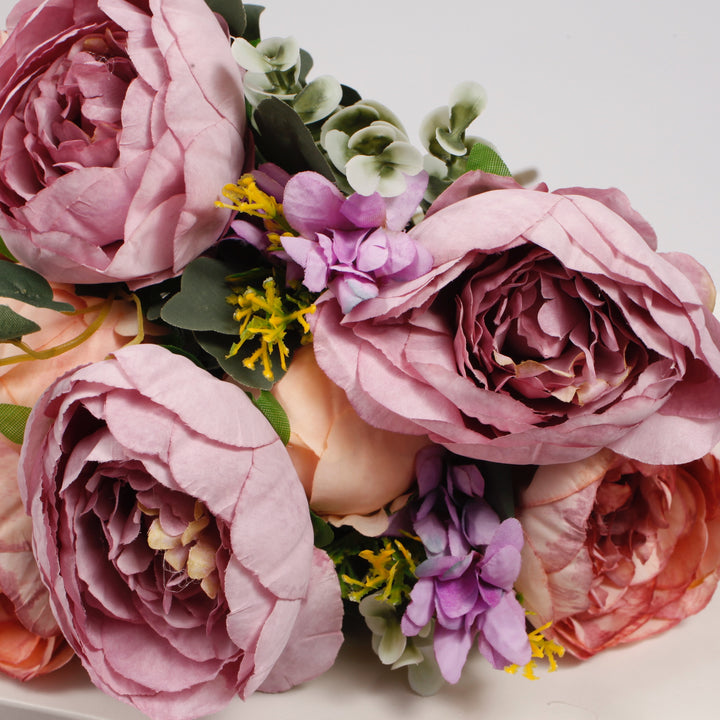 Artificial Rose Flower Bouquet - Spray Style - Blush Peach and Mauve (10cm heads)