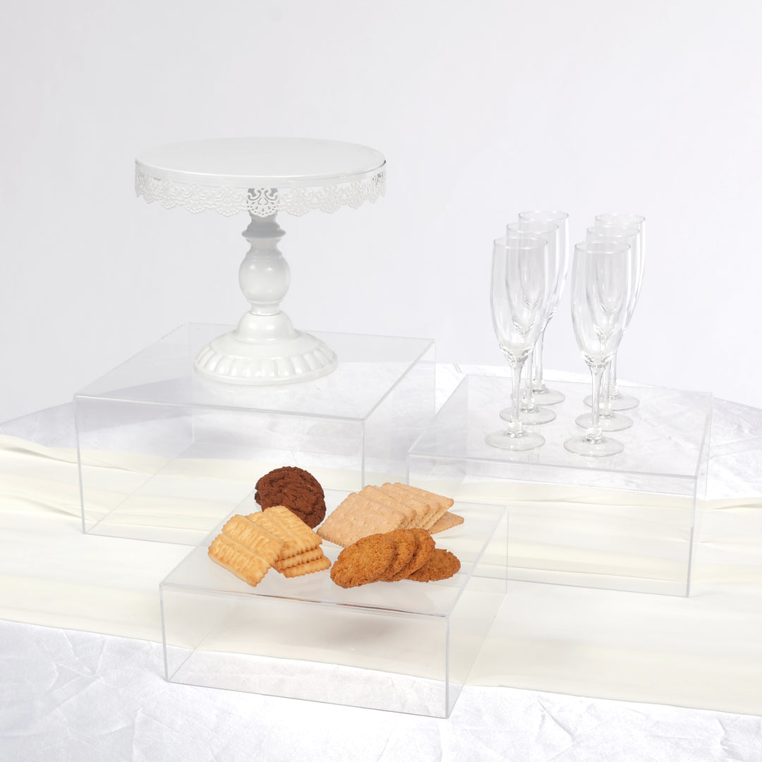 Acrylic Cube Table Riser Set - Clear (3pc), with cake stand, glasses and biscuits