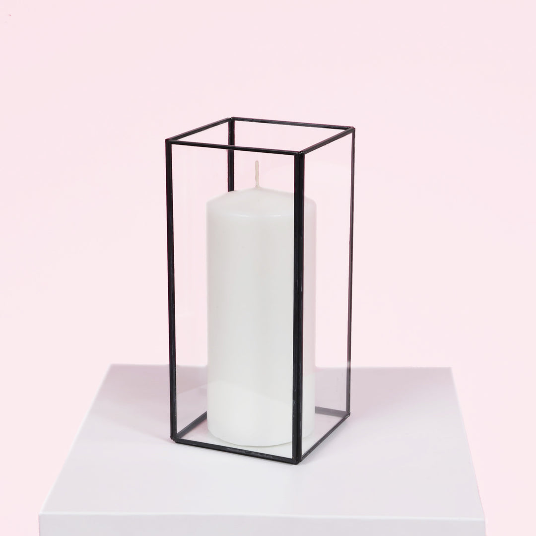 Glass Candle Box With Metal Frame - Black (21.5cmH) with unlit candle