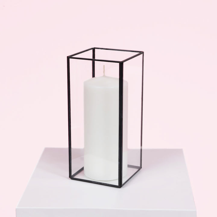 Glass Candle Box With Metal Frame - Black (21.5cmH) with unlit candle