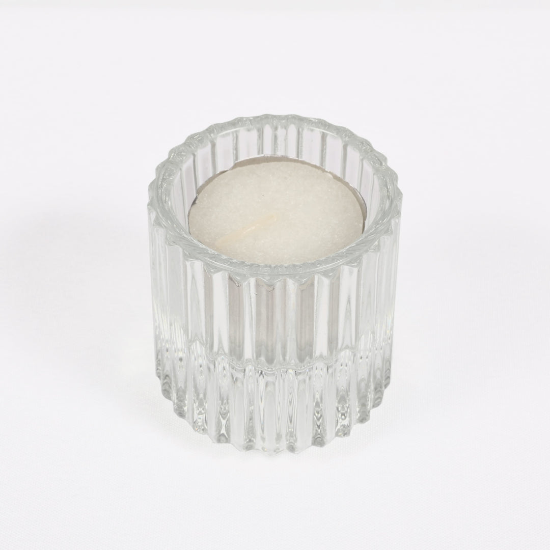 Reversible Glass Tea Light and Taper Candle Holder - Ribbed Drum (Style 2) with tea-light candle