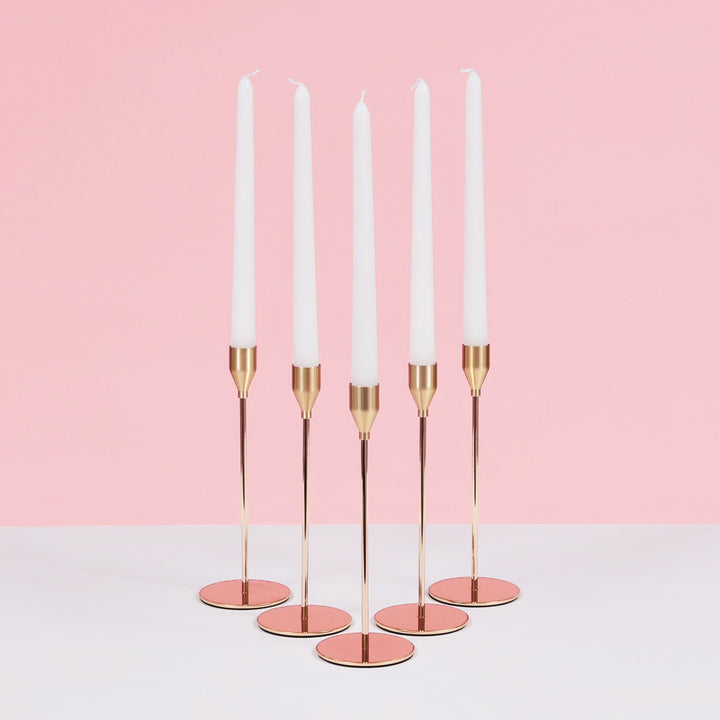 Taper Candle Holders Classic Flared Style - Gold (23cm), set of 5 taper candle holders with white taper candles