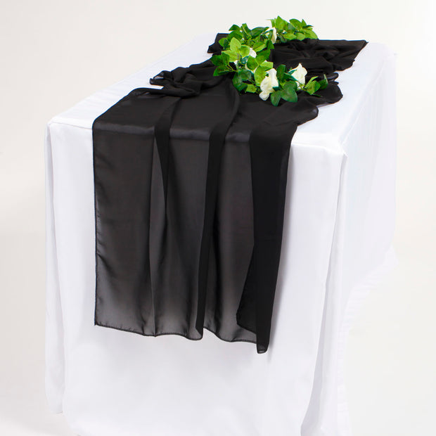 Chiffon Table Runner on white tablecloth with flower vine with green leaves