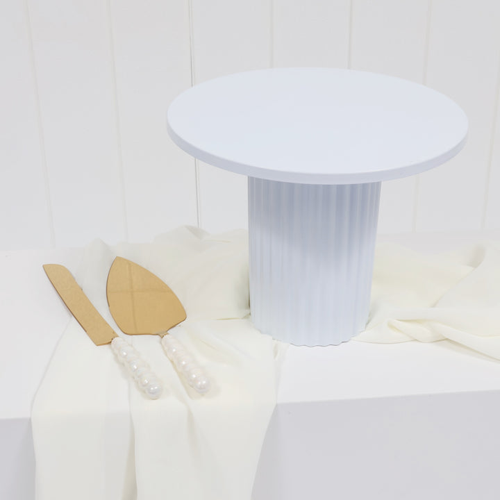 Cake Stand - Ribbed - White (25x20.5cm), with ivory chiffon runner and Gold Bubble Handle Cake Knife Set