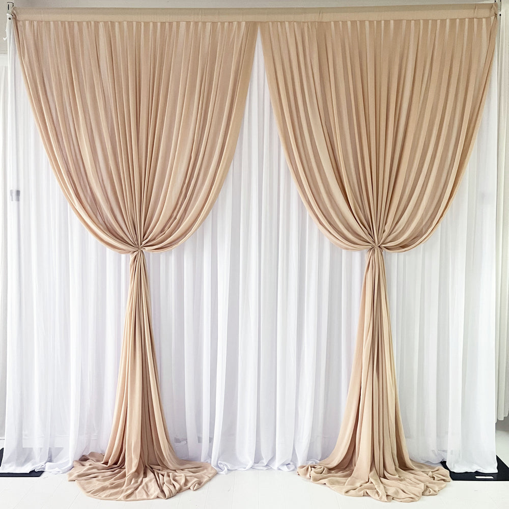 Chiffon Layered Backdrop Curtain 3mx3m - Taupe & White, front layered tied up