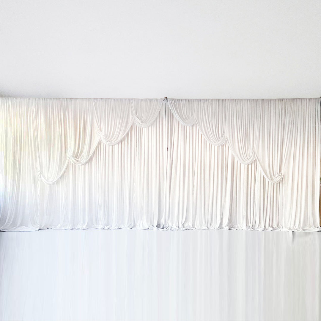 Ice Silk Event Backdrop with Venetian Contour Stage Curtain / Valance Swag (White) 6m wide x 3m high