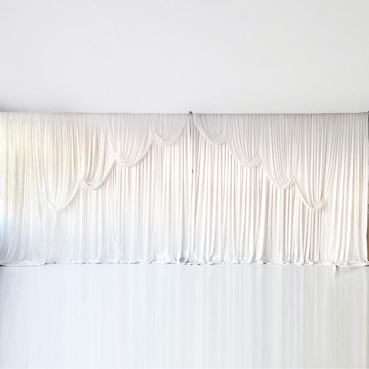 Ice Silk Event Backdrop with Venetian Contour Stage Curtain / Valance Swag (White) 6m wide x 3m high