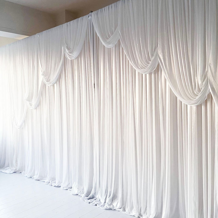 Ice Silk Event Backdrop with Venetian Contour Stage Curtain / Valance Swag (White) 6m wide x 3m high side view