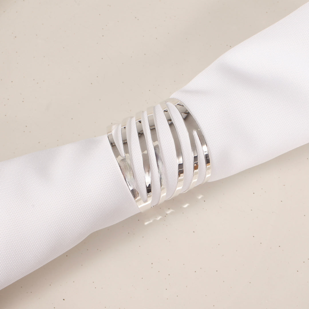 Silver Napkin Ring - Modern Linear Cut Out, close up with napkin