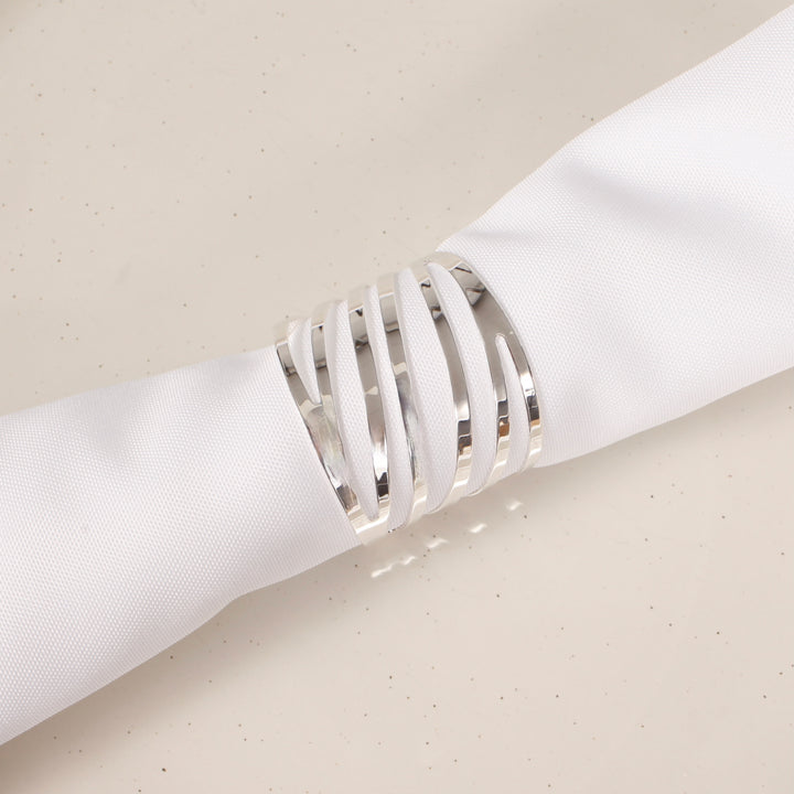 Silver Napkin Ring - Modern Linear Cut Out, close up with napkin
