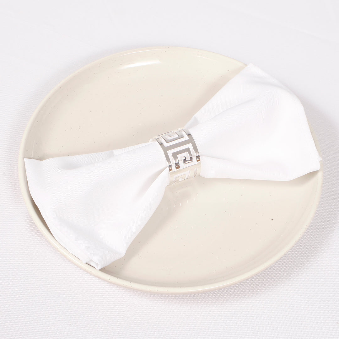 Silver Napkin Ring - Geometric Luxe Meander with napkin on a plate
