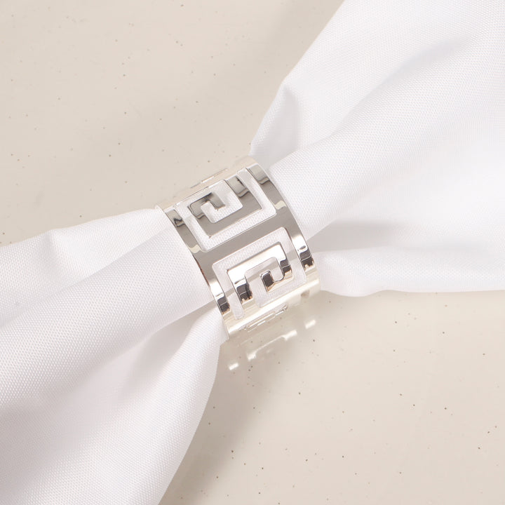 Silver Napkin Ring - Geometric Luxe Meander close up with napkin