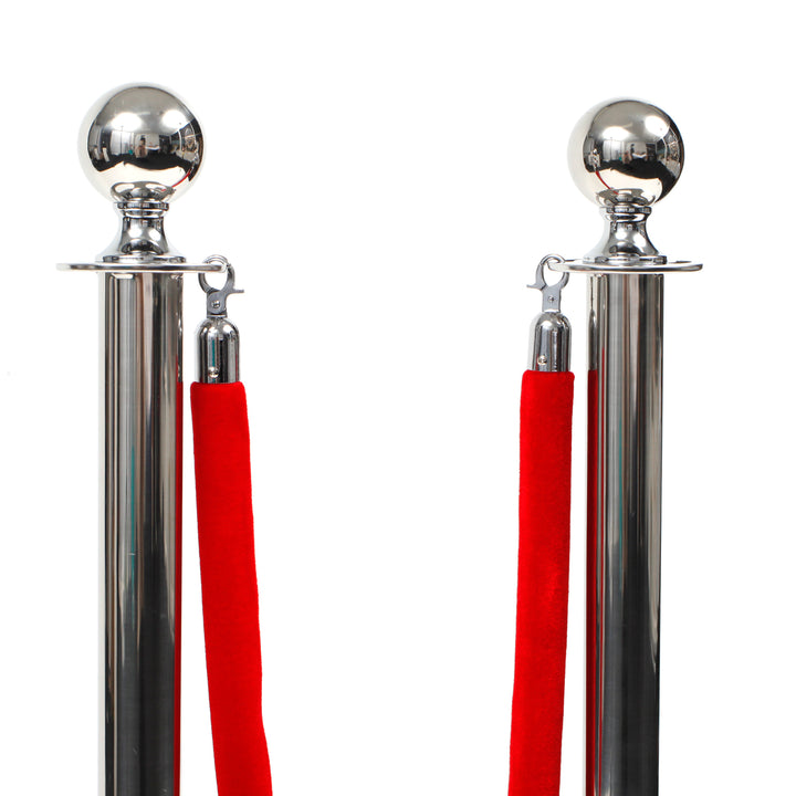 Premium Bollard / Stanchion & Velvet Rope Set (Silver with Red Rope)