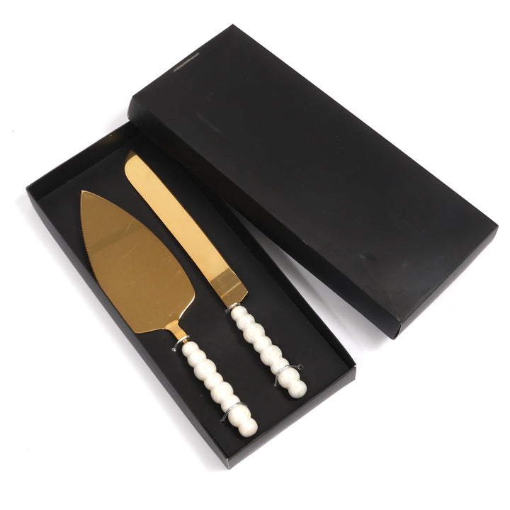 Cake Knife & Server Set - Bubble Handle - Gold (2pc) in packaging/display box