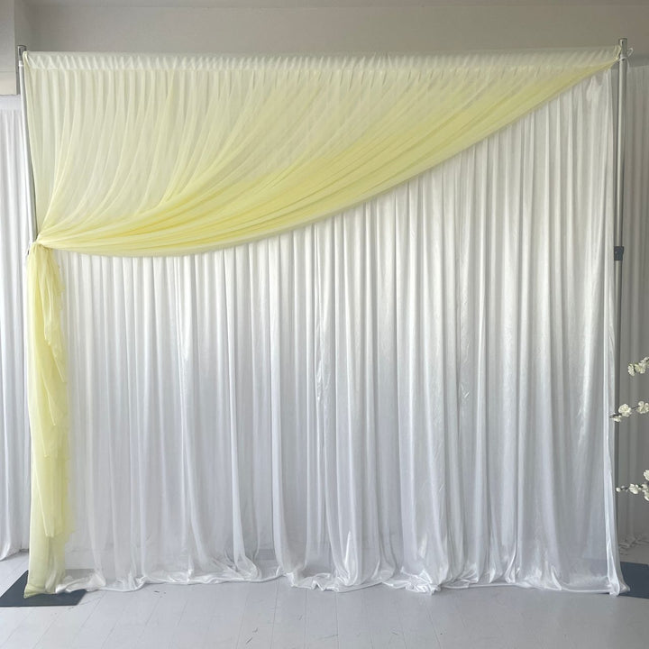 Beauty Organza Backdrop Curtain with Satin Silk Backing 3mx3m - Ivory & White, front layer tied to the side of backdrop