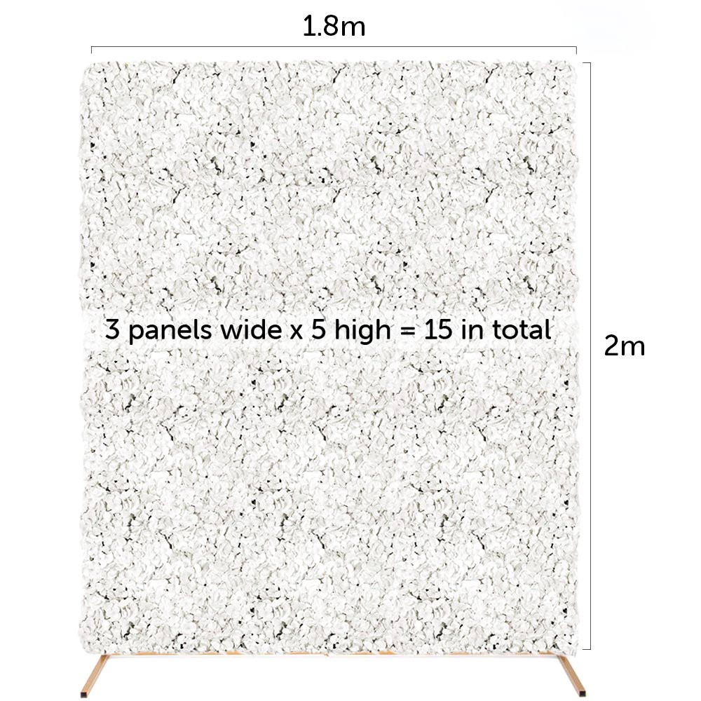 White flower wall combo measurements 1.8m wide by 2m high uses 15 flower panels,