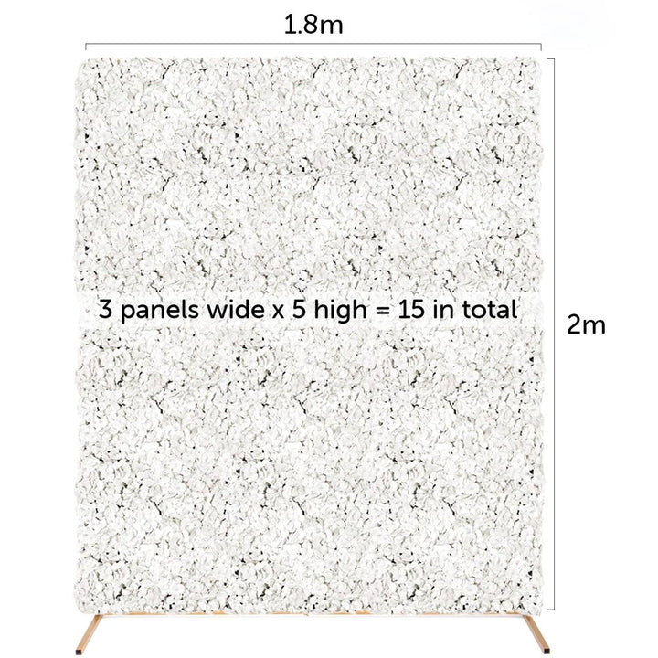 White flower wall combo measurements 1.8m wide by 2m high uses 15 flower panels,