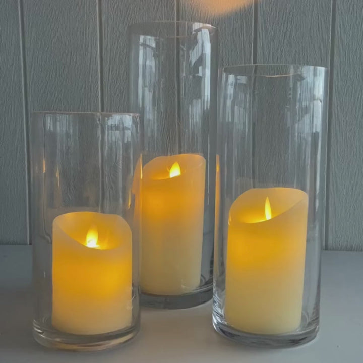 Set of 3 Flickering LED Pillar Candles in glass vases