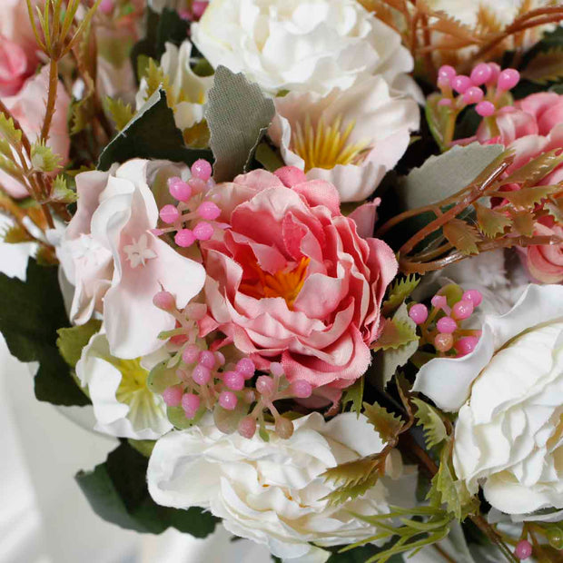 Artificial Peony Flower Bouquet - Blush Pink and White - Satin Ribbon and Pearl Bouquet Wrap