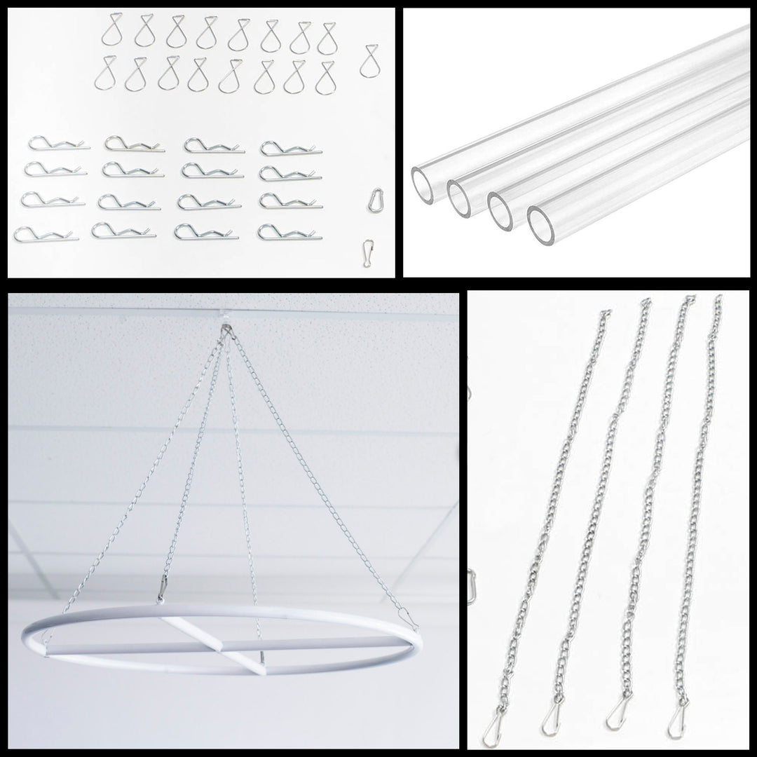 Complete Ceiling Draping Hanging Kit - Acrylic Tubes, Clips, Chains & Fixed White Ring