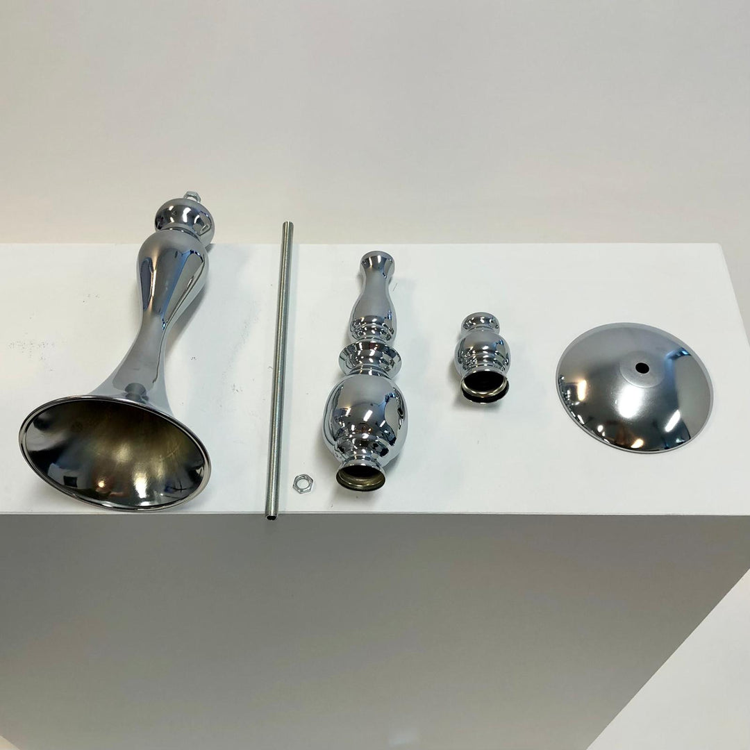 Silver Candlestick Pedestal Candelabra and Centrepiece Vase pieces unassembled on white plinth