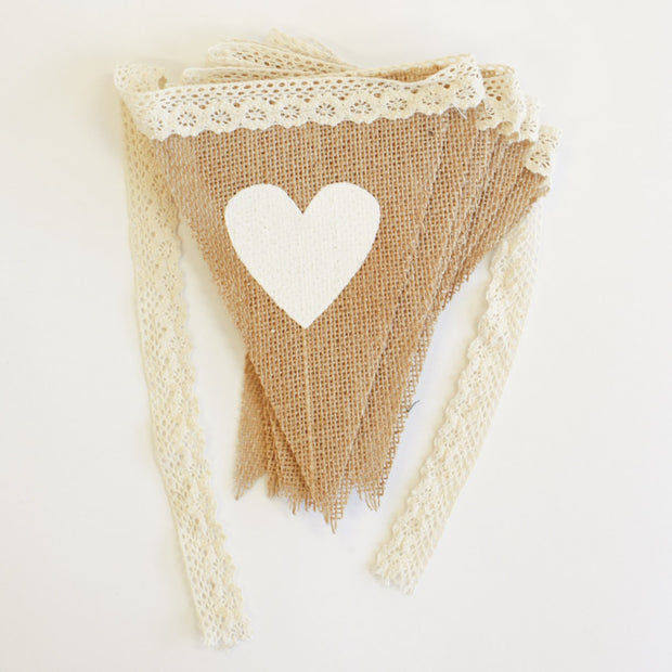 Bunting - Heart and Lace Hessian Triangles