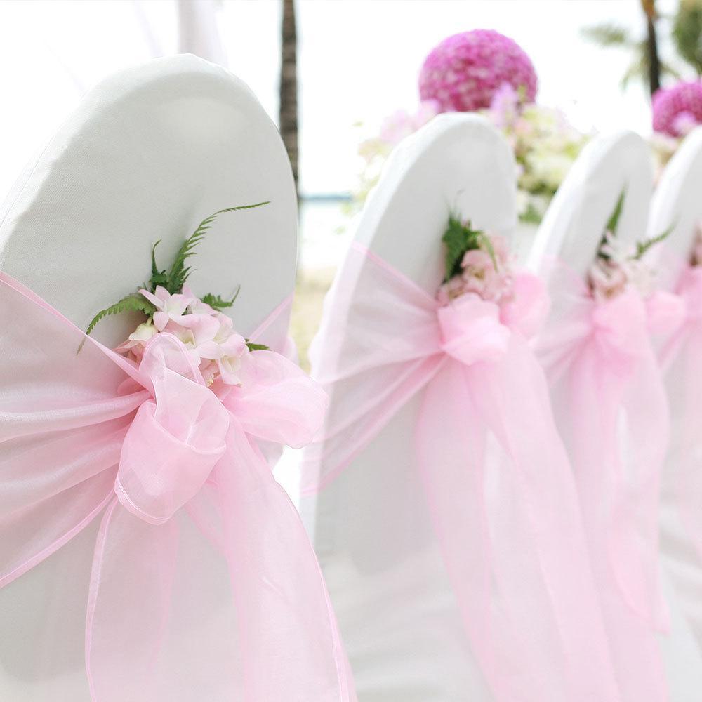 Pink Organza Chair Sashes on White Chair Covers