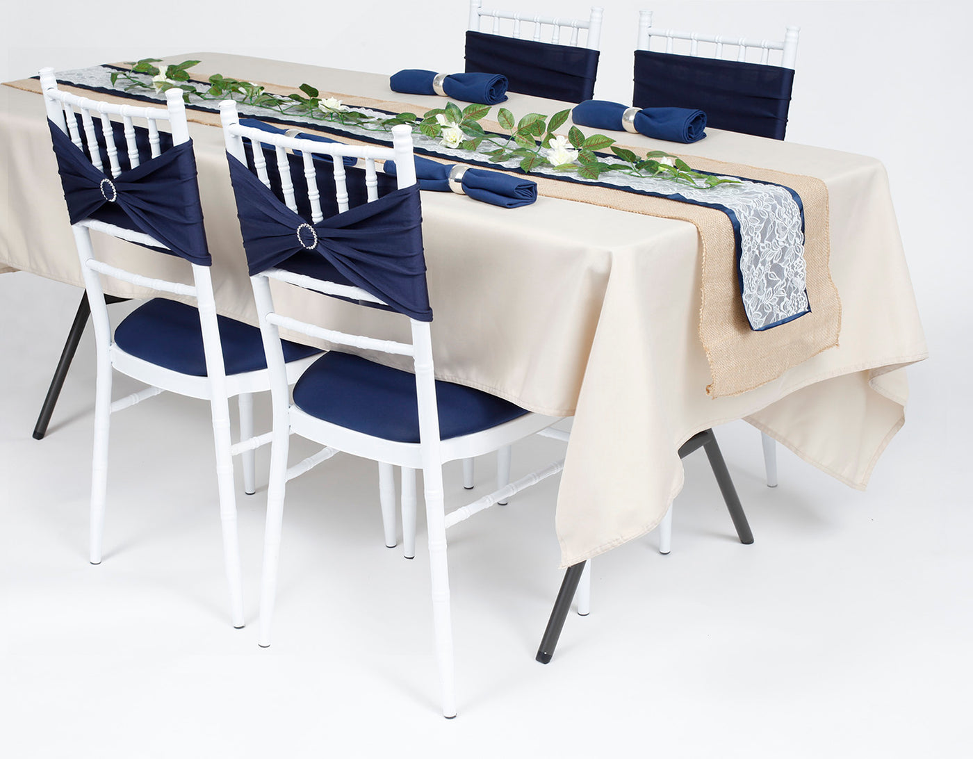Navy, hessian and linen wedding dining setting