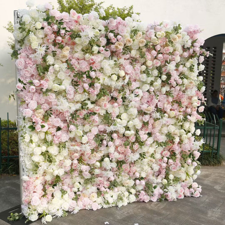 3D Flower Wall Backdrop Curtain - White & Pink (3x3m ROLL UP) side view