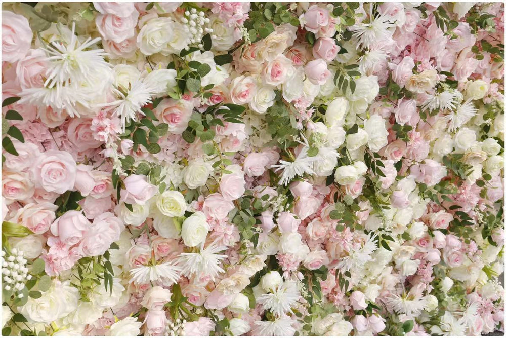 3D Flower Wall Backdrop Curtain - White & Pink (3x3m ROLL UP) close up detail 3