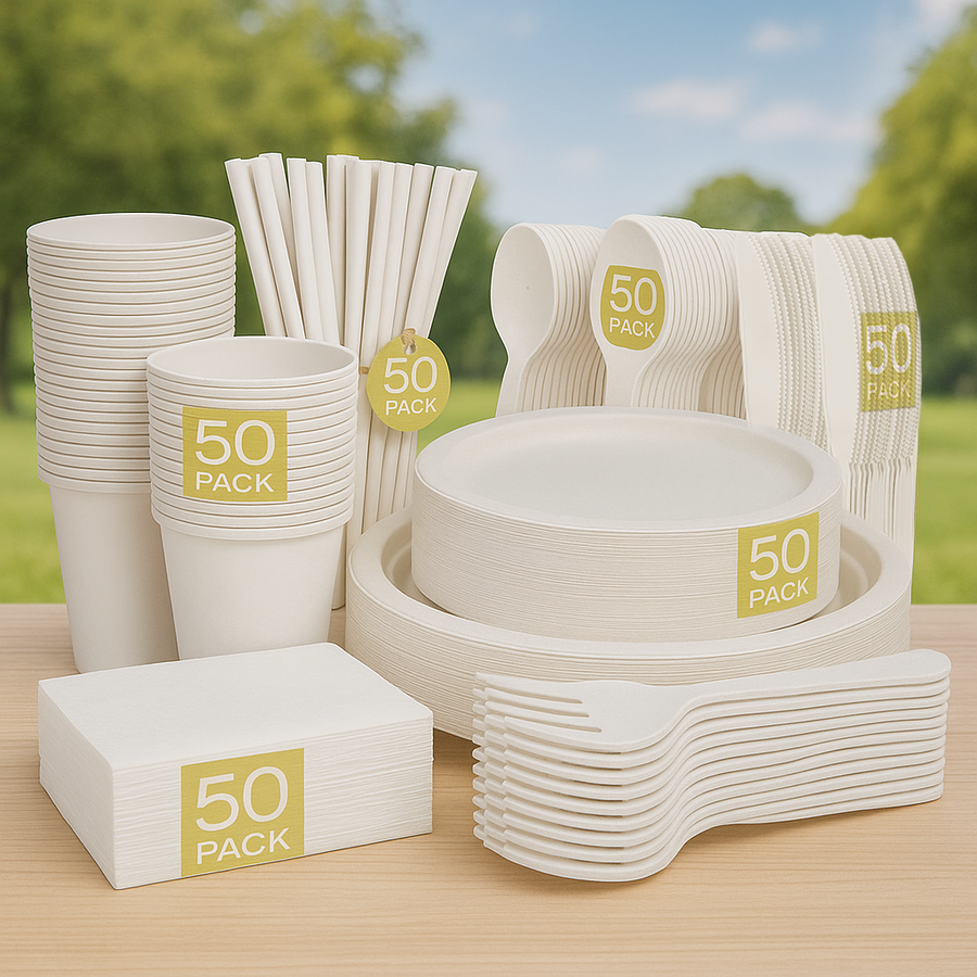 Biodegradable Dinner Set - White - Plates, Cutlery, Napkins, Cups & Straws (400pc)