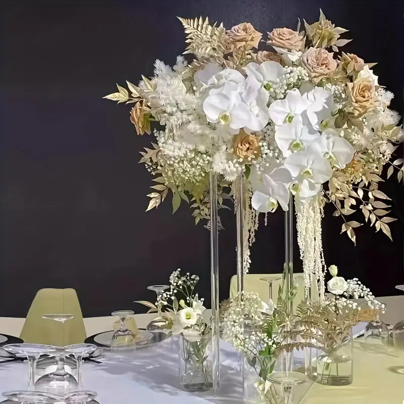 Clear Acrylic Plinth centrepiece with flowers on table