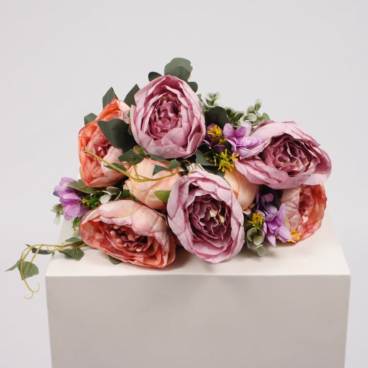 Artificial Rose Flower Bouquet (10cm heads) - Blush Peach and Mauve - Spray Style