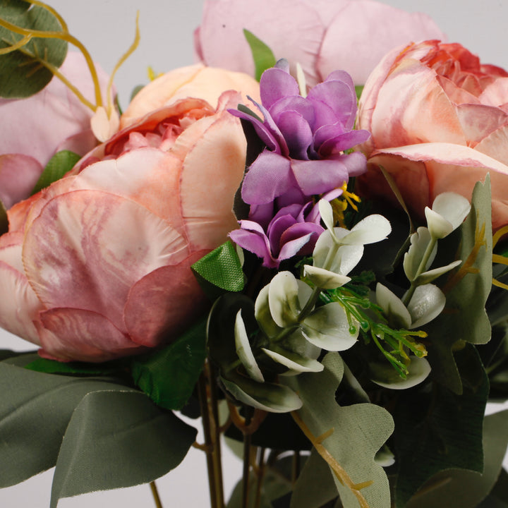 Artificial Rose Flower Bouquet (10cm heads) - Blush Peach and Mauve - Spray Style