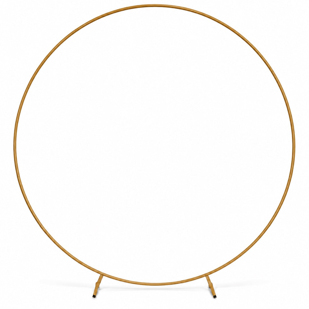 A minimalist gold-finished metal room divider or display stand featuring a large circular frame supported by two slim legs, shown on a solid white background.