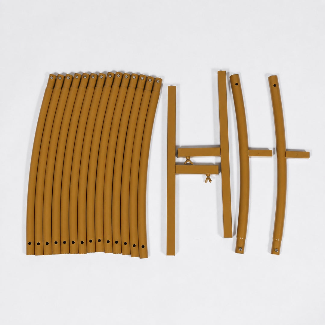 A set of gold metal frame components for the 2m wide frame, arranged on a plain white background.