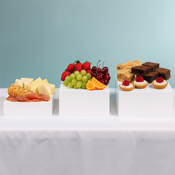 Acrylic Cube Table Riser Set - White (3pc) with food platters