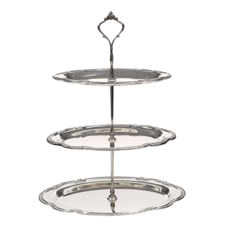 Antique Metal 3 Tier Cake Stand - Silver Front View