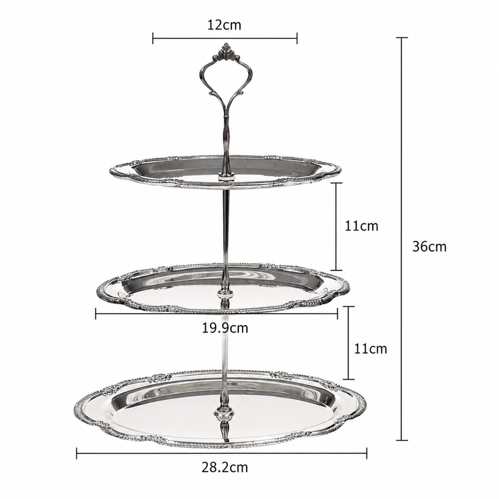 Antique Metal 3 Tier Cake Stand - Silver Dimensions