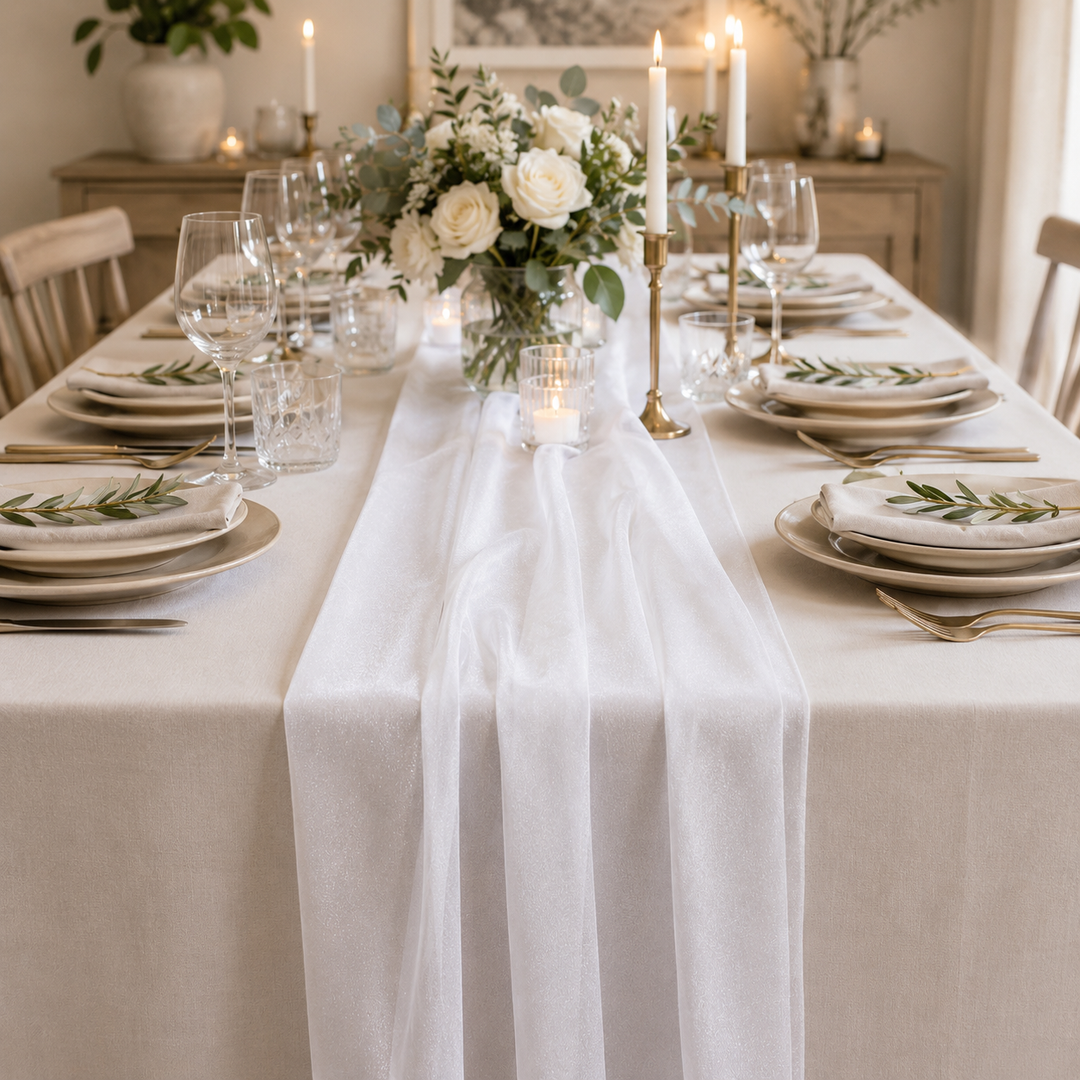 Sheer Stretch Crepe Chiffon Table Runner - White ambiant setting