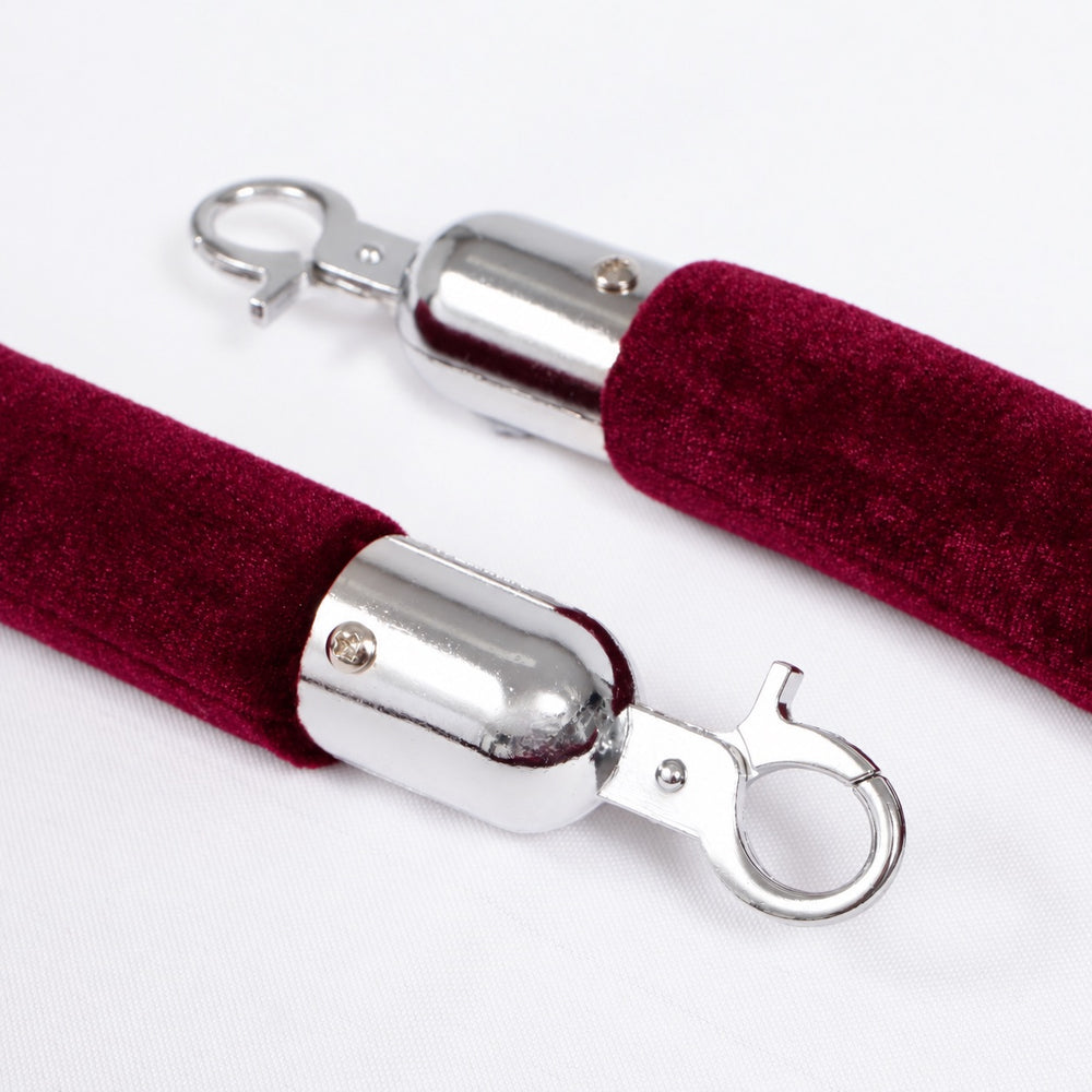 Bollard Velvet Rope - Burgundy (Silver Clips), close up