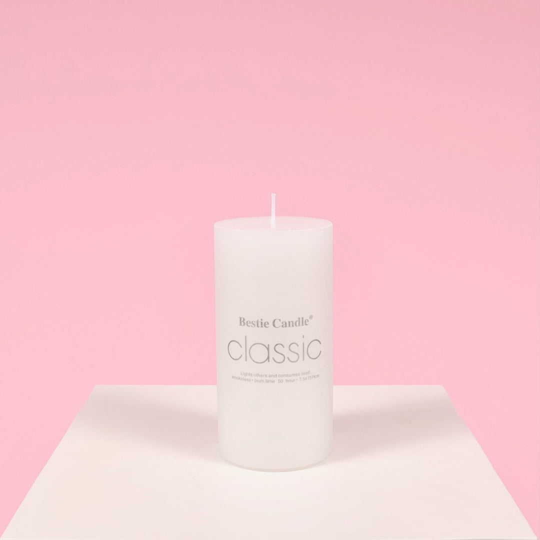 Wax Pillar Candle - White (7.5x15cm), with label