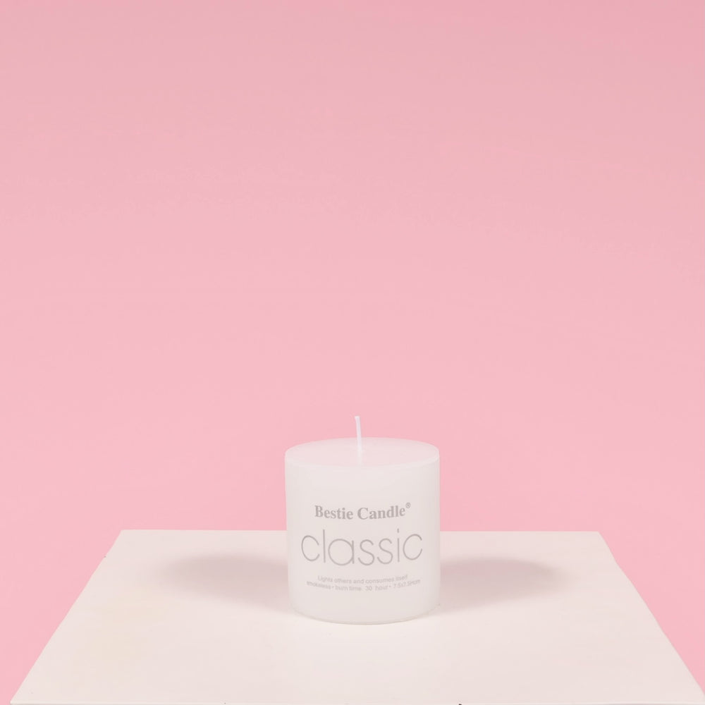 Wax Pillar Candle - White (7.5x7.5cm), with label