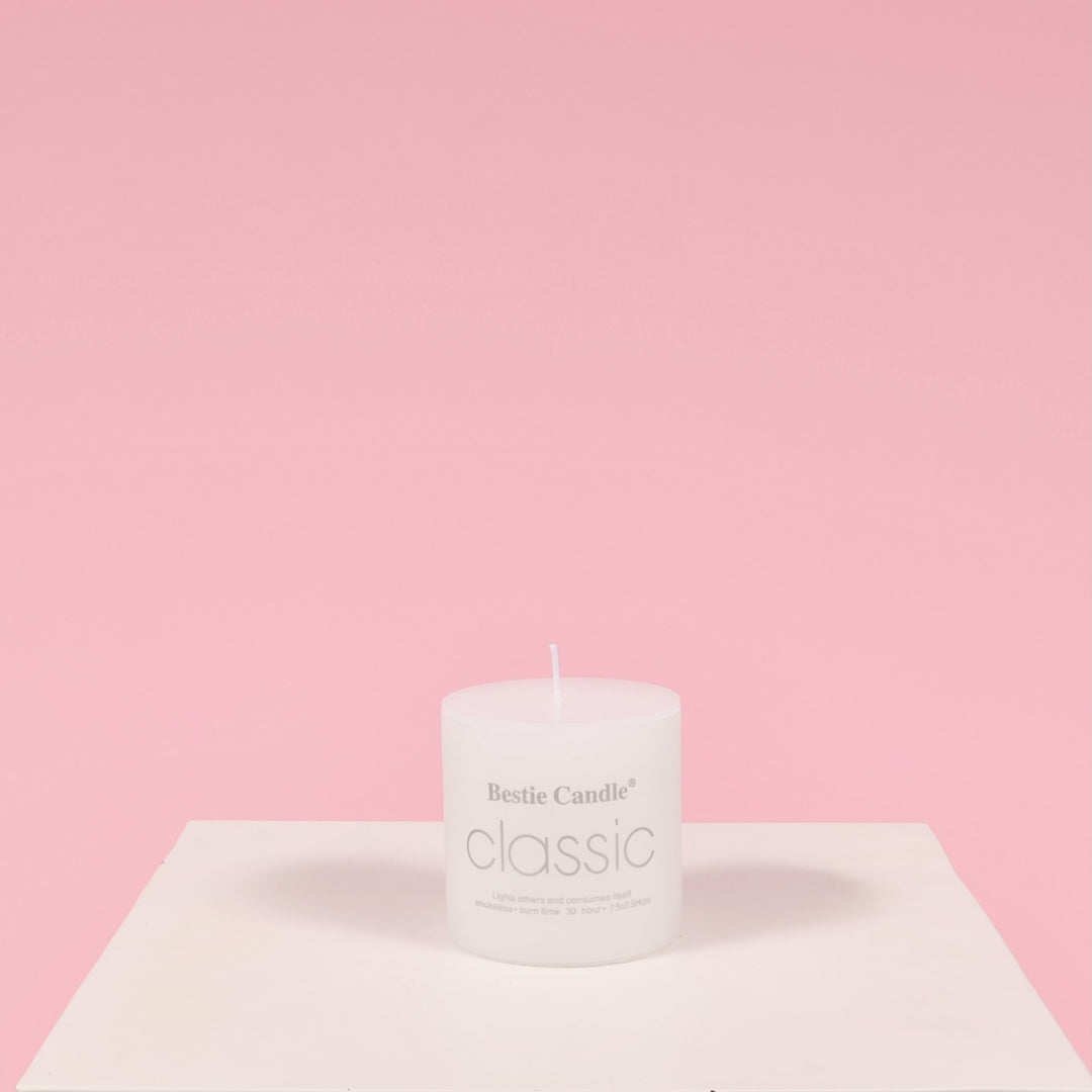 Wax Pillar Candle - White (7.5x7.5cm), with label