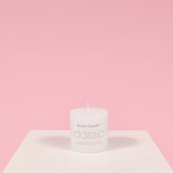 Wax Pillar Candle - White (7.5x7.5cm), with label