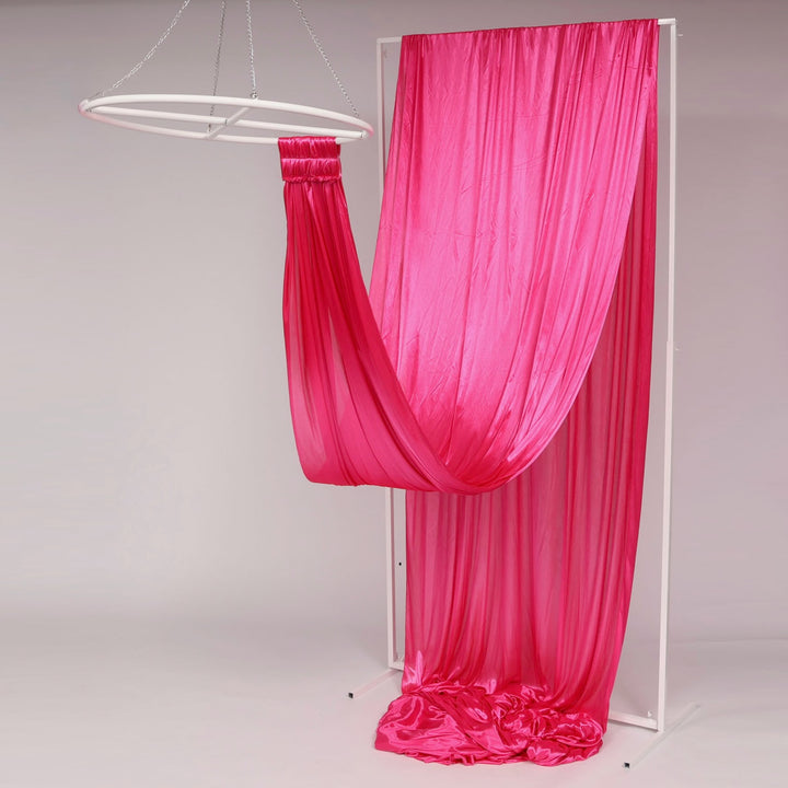 Ceiling Drape Ice Silk Satin - Hot Pink (10m) with velcro end attached to celing ring