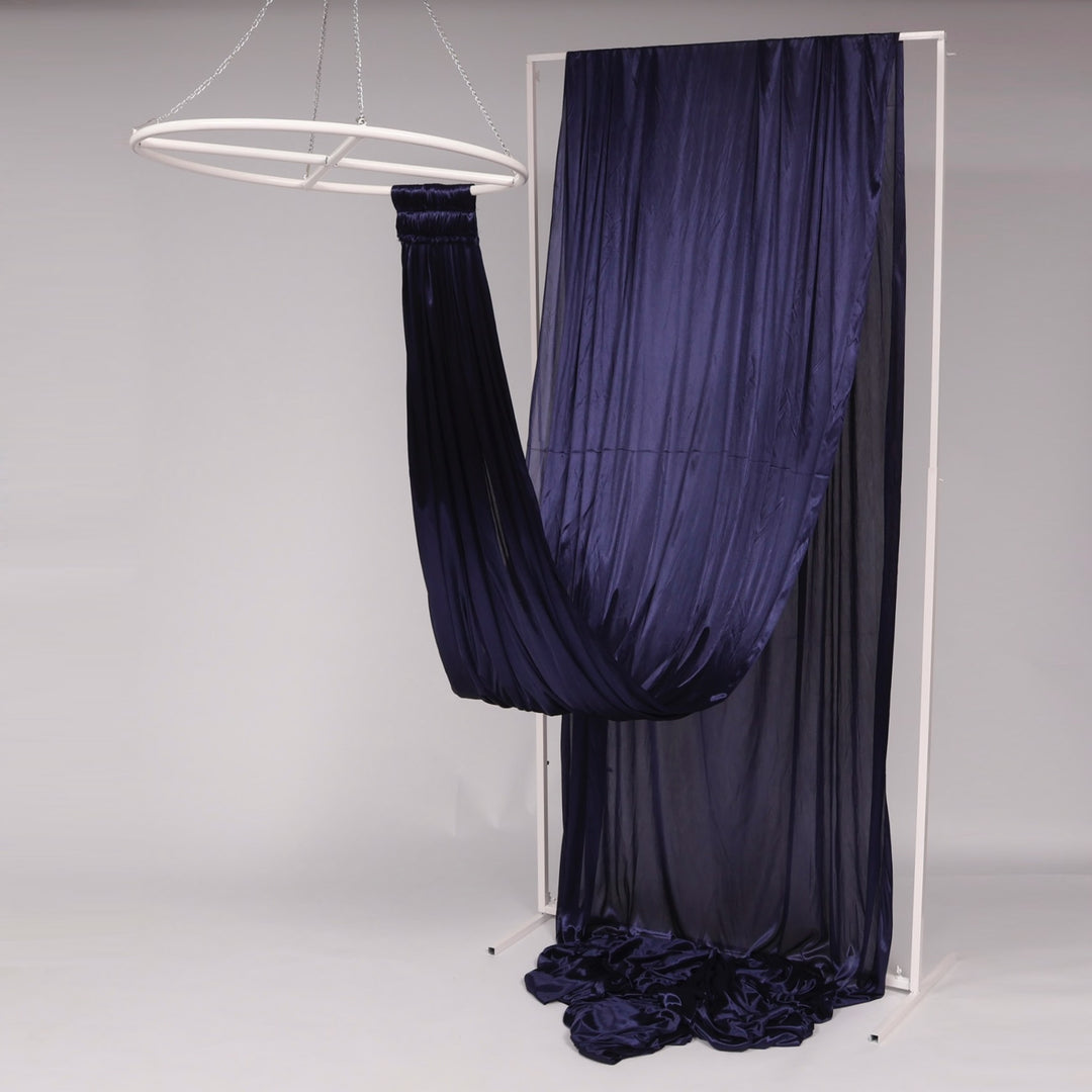 Ceiling Drape Ice Silk Satin - Navy (10m) with velcro end attached to ceiling ring